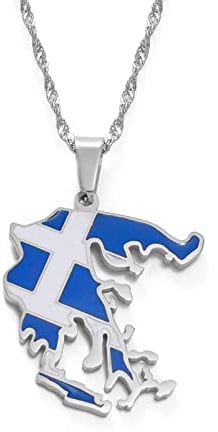 MTCDBD Griechenland-Karten-Halskette Für Unisex-Schmuck, Griechischer Karten-Anhänger Mit Flagge, Party-Kleid-Accessoires, Ethno-Stil, Patriotisches Symbol, Halskette, Geschenk, Silber, 45 cm Kette