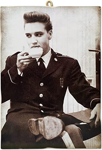 KUSTOM ART Bild im Vintage-Stil, Elvis Presley & Kaffee, Druck auf Holz, 10 x 15 cm