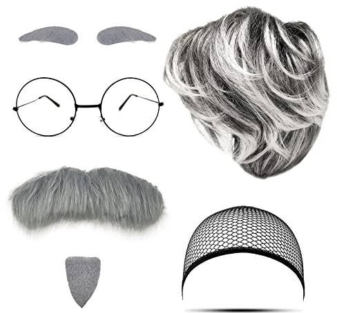 MIVAIUN 7tlg Opa Kostüm Set Alter Mann Kostümzubehör Großvater Accessoire Perücke Grauer Bart Augenbrauen Perückenkappe Brille Alter Mann Cosplay Zubehör für Halloween Party Karneval (Opa Set)