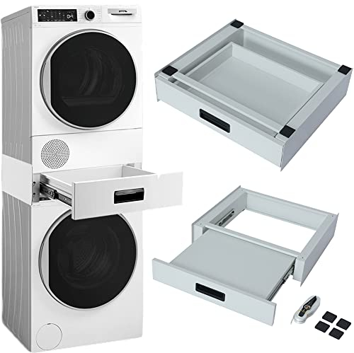 Kit de conexión para lavadora y secadora, soporte universal de superposición para ahorrar espacio, con cajón extraíble, correa de seguridad y adhesivos antideslizantes, marco para apilamiento