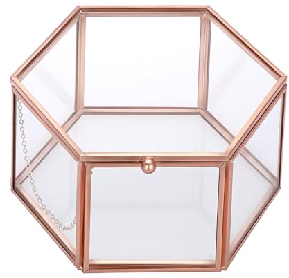 SUMTree Rosagolden Schmuckschatulle Metall Glas Schmuckbox Glasbox Schmukkiste Schmuckkoffer Geschenk Hochzeit Geburtstag Weichnachten Schmuckaufbewahrung Ring Schmuck Damen Mädchen(Sechseck Gross)