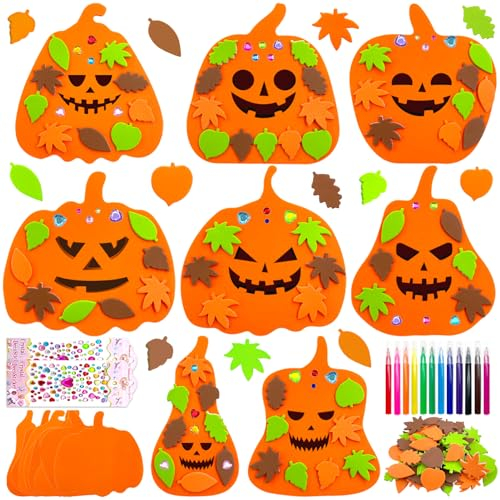 Lets Joy 16 Stück DIY Kürbis Bastelset, Herbst Basteln für Kinder, Deko Set Mit Schaum Aufkleber, Strasssteinen, Ahornblatt, Stift - Herbst Dekorationsset