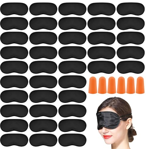 WZYTEU 40 Stück Polyester Schlafmaske, Sleeping Mask mit Gummibänder für Reisen Schichtarbeit, Herren, Frauen, Kinder, mit 20 Orange Ohrstöpsel(Schwarz)