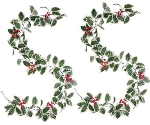 2 Stück Weihnachts Beeren Girlande, Weihnachtsgirlande Tannenzapfen Rote Beeren Weihnachtsgirlande, mit Stechpalmen Blättern 2 Meter Für Kamin Weihnachten Neujahrsdekoration (Weiße Grenze Grün)