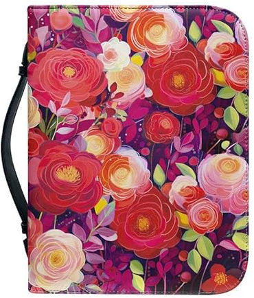 Kuiaobaty Bibelhülle aus PU-Leder in leuchtenden Farben, mit Taschen, Frühlingsblumen, Buchhülle, Reißverschluss, für Bibelbuch, 4 Größen