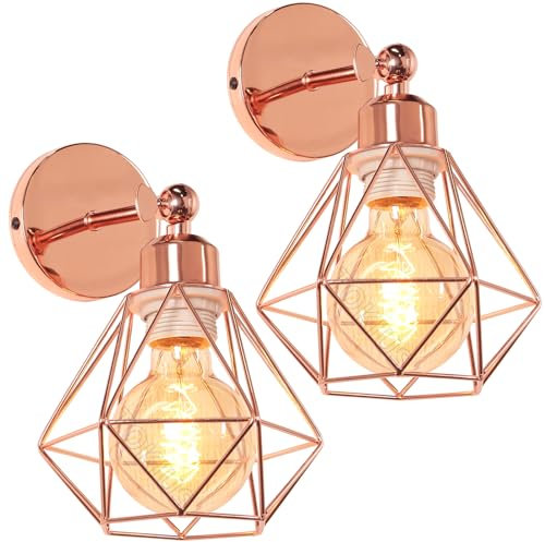TOKIUS Lampada da Parete Interna Industriale Applique da parete Gabbia Interno E27 Metallo Lampadari e Plafoniere Cucina regolabile 180° Per Cucina Camera da letto (Oro rosa, 2 pezzi)