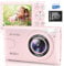Pink Compact Digital Camera for Kids: 64MP 4K Camera with 32GB MicroSD Card 18X Digital Zoom, Auto-Focus Point and Shoot Camera for Girls Boys Birthday Gift