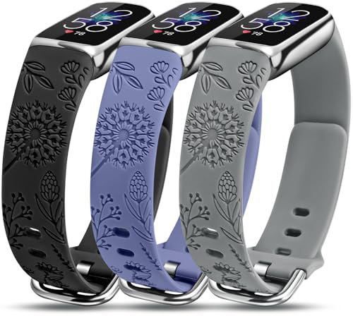 Minyee Lot de 3 bracelets gravés floraux compatibles avec le bracelet Fitbit Luxe pour femme, joli bracelet de sport en silicone souple, motif pissenlit, bracelet de rechange pour montre intelligente