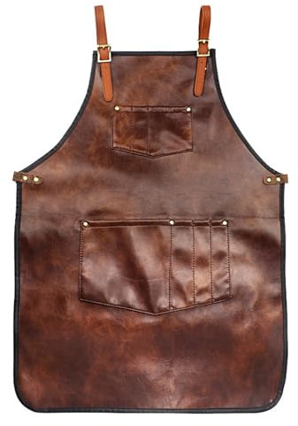 BURLOE Leder Schürze, Chef Friseur Mit Tasche Einstellbare Größe Werkzeug Holzbearbeitungsschürzen DIY Keramik Haustier Pflege Büffel Braun Grillschürze Arbeitsschürze,2