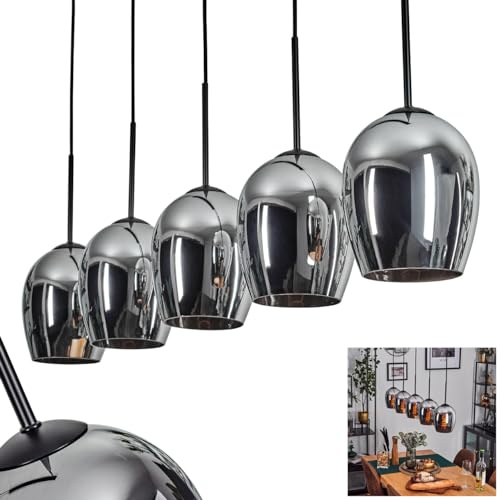 Pendelleuchte Vevino, Pendellampe aus Metall/Glas in Schwarz/Chromfarben, Leuchte im modernen Retro/Vintage-Design mit Schirmen aus Glas (Ø 15 cm), Höhe max. 150 cm, 5 x E27, ohne Leuchtmittel