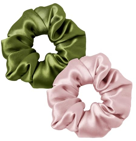 LILYSILK 100% Seide Haarringe Damen Pferdeschwanzhalter Haarband aus Seide, Seide Haargummis Verpackung MEHRWEG(Altrosa+Avocado-Grün)