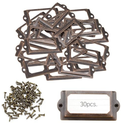 Ruidee 30 Stück Metall Etikettenrahmen Vintage 70x33mm Etiketten Kartenrahmenhalter Möbel Schublade Label Halter mit Schrauben Namensschild Etikettenrahmen für Büro Bibliothek (70x33mm/Red Bronze)