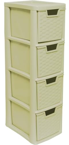 ALEEZ - 4 Drawer Storage Unit - Rattan Effect Plastic Tower Unit - Home Office Desktop Organizer - Cosmetic, stationery, Craft Table Top Drawer - Multipurpose Storage Solution (Cream, 4 Drawer)