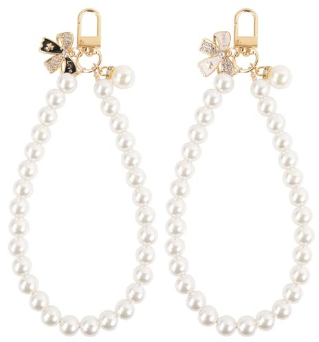 AULEEP 2pcs Classic Pearl Phone Charm for Women, Butterfly Beaded Phone Bracelet Wrist Strap, Phone Wristlet, Handmade Phone Chain for iPhone and other Cellphones