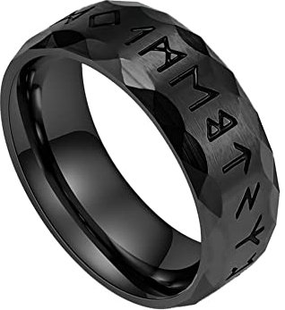 Ringschmuck, nordischer Wikinger-Futhark-Runen-Bandring – Herren-Piratenring aus Edelstahl mit 8 mm Runenkreis – Unisex-Ehering im mittelalterlichen Stil, gotischer heidnischer Amulett-Stil (Farb