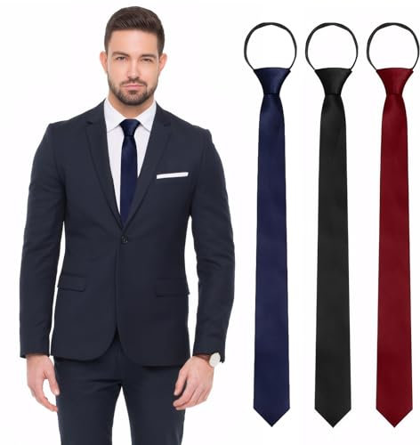 KWJEIULSOQ 3 Stück Krawatten für Herren, Schmale Schwarz Herren Krawatt, Verstellbare Schmale Krawatten mit Reißverschluss für Geschäft, Büro, Hochzeiten & andere Formelle Anlässe