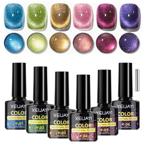 LOPHE Esmaltes Semipermanentes Ojo Gato, 6 Colores Pintauñas Ojo de Gato con Imán, Cat Eye Gel Polish Pintauñas Set, Efecto Galaxy Pintauñas, Magnético Nail Art Apto Para Principiantes