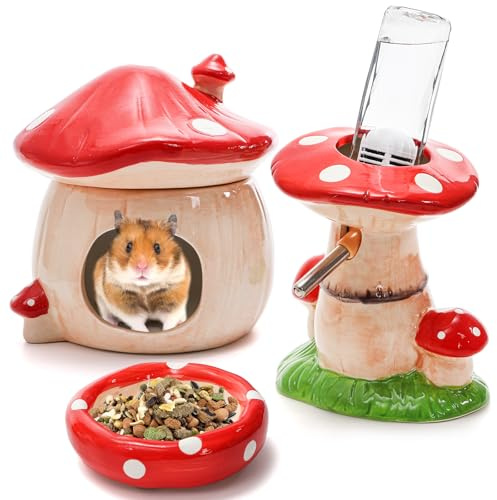 Hacaroa 3 Pack Ceramic Hamster Hideout, Mushroom Shape Guinea Pig Food Bowl Cute Water Bottle with Stand, Cool Hamster Bed House Small Animal Cage Accessories for Dwarf Hamsters, Mice, Gerbils