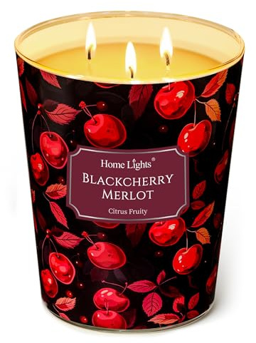 Home Lights Duftkerzen im glas groß 960g Soja Kerzen 3-Wick, Rauchfrei, 130h vollverbrannte Duftkerze Schwarzkirschmerlot