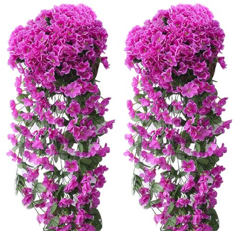 KiKiHong 2 Piezas Flores Colgantes Artificiales 85 cm,Plantas Colgantes Exterior,Flor Colgante Artificial Decoración para Bodas,Hogar y Jardín (Rojo-Violeta)