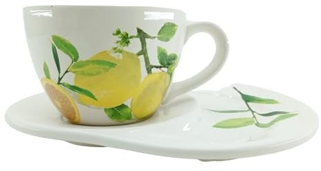 Genérico Taza de Café con Plato, Diseño de Limones y Hojas, Porcelana Blanca