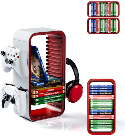 Tideal - Universal Games Storage Tower Pro - Bis zu 18 Spiele - Mit Controller Halterung für bis zu 4 Gamepads - Gaming Zubehör für PS5, PS4, PS3, Xbox X/S/One, Switch, Switch OLED, Blue Ray, DVD