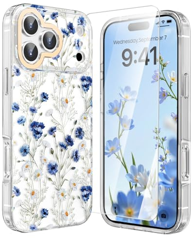 zelaxy Compatible with iPhone 17 Pro Max Case, Floral Patterns Protective Cover with Screen Protector, Anti-Yellow Shockproof Cases for iPhone 17 Pro Max 6.9'' 2025-Blue Flower