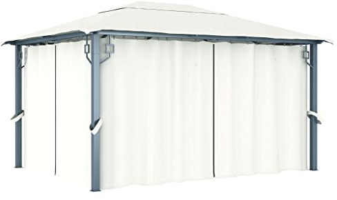 Pavillon mit Vorhängen 400 x 300 cm, Creme Aluminium Gartenlaube, Wasserdichtes Oxford-Dach mit UV-Schutz, Insektenschutznetz, für Terrasse, Outdoor Partys und Familienfeiern