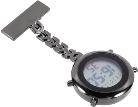Digitale Hängeuhr als Abzeichenuhr für Ärzte und Pflegekräfte Schwarz | Glas und Legierung, Sichere Sicherheitsnadel, Staubfrei, für Geburtstage und Pflegealltag