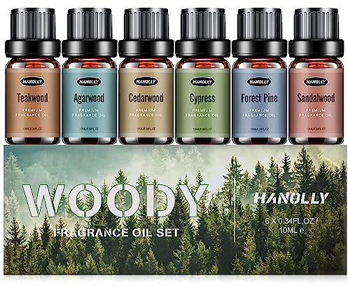 HANOLLY Oli Essenziali per Diffusori Legno 6x10ml | Olio Essenziale Naturali per Aromaterapia Massaggio Candele Fai da Te - Sandalo, Teak, Cedro, Cipresso, Cipresso, Oud