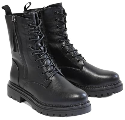 irisaa Damen Combat Boots, Schnürstiefel mit Reißverschluss, warme Winter Stiefeletten, rutschfeste Profilsohle, Größe:39, STF Farbe:Schwarz