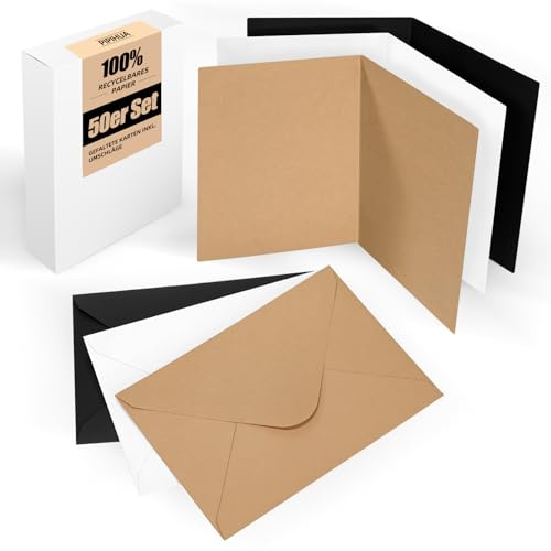 50er Set Klappkarten Blanko mit Umschlag: Klapp-Karten zum Gestalten, Beschriften oder Bedrucken für Grußkarten, Hochzeitseinladungen, Postkarten & Handgemachte Karten - DIN A6/C6, Weiß Braun Schwarz