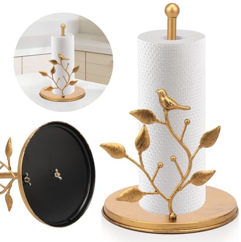 Gold Kitchen Roll Holder Free Standing, Thickened Iron Metal Paper Roll Holder with Weighted Base & Unique Exquisite Design, Gold Kitchen Decor and Accessories, Luxury Housewarming Gifts(Bird)