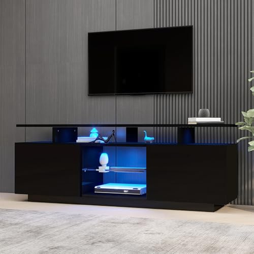 Hochglanz TV-Schrank mit LED-Beleuchtung TV-Ständer Türpaneel mit Glasfach Offenen Regalen TV Lowboard für 60-Zoll-Fernseher Unterschrank für Wohnzimmer TV Möbel Tisch Schwarz 140x35x55 cm