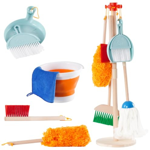 Set Pulizia Bambini Giocattolo 9 Pezzi Giocattolo per Casa Set di Giochi per Finta Include Scopa Mop Spazzole per Paletta SecchioSupporto Giocattolo per la Pulizia Regalo per Ragazze Ragazzi Età 3