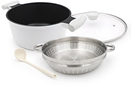 Steamer Pot 28cm for Cooking, 7L Steam Pot with Lid, Nonstick Cooking Pot | with Vegetable & Dumpling Steamer Basket, Food Steamer Cookware, Stay-Cool Handles, Induction Compatible, PFOA Free- White