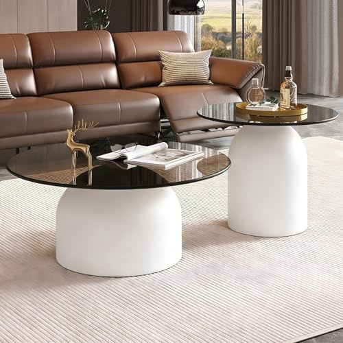 NEHCFO Set Mesas Nido Redondas 2 Piezas, Mesa de Centro Redonda de Cristal Templado Ahumado, Mesa Auxiliar Moderna de Diseño para Salón, Base Metálica(White+White)