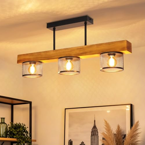 ZMH Deckenlampe Wohnzimmer Holz E14 Deckenlampe im Industrial Design | Vintage Wohnzimmerlampe aus Metall Küchenlampe Decke für Esstisch Wohnzimmer Küche Schlafzimmer (Ohne Leuchtmittel)