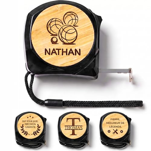 KDO-MAGIC Mètre personnalisé ruban de 5m Détails en bambou (Pétanque) | Idée cadeau anniversaire, retraite, fète des pères, papi | Bandoulière & Mécanisme de blocage | Boîte à outils | Bricolage