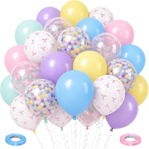 Ovanda Pastell Luftballons 50 Stück Schleife Konfetti 30 cm | Latex Helium Ballons Set mit Rosa Blau Gelb Lila Mint, Schleifenmuster, Konfetti Ballons für Mädchen Geburtstag Party Deko