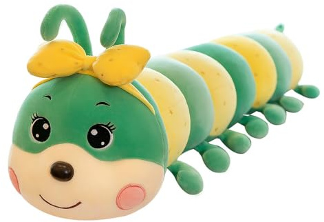 JORCEDI Bunte Raupe Nimmersatt Kuscheltier, Weiches langes Regenbogen Raupe Plüschtier mit Schleife, Raupekissen Stofftier Plüsch Spielzeug, Tiergeschenke für Kinder Freundin (Grün,100cm)