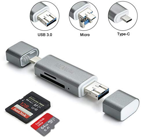 Memwah USB 3.0 SD Card Reader 3-in-1 OTG Card Reader USB 3.0 - Type-C / USB 3.0 / Micro USB Adapter for SD, SDHC, SDXC, Micro SD, Micro SDHC, Micro SDXC Macbook PC Tablets Smartphones OTG Function