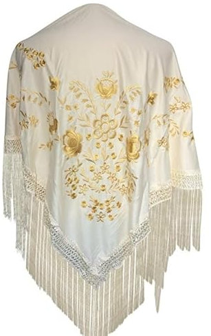 La Senorita Spanischer Manton Tuch Schal creme weiß mit goldenen Blüten Größe: Large 190 * 90 cm für Damen