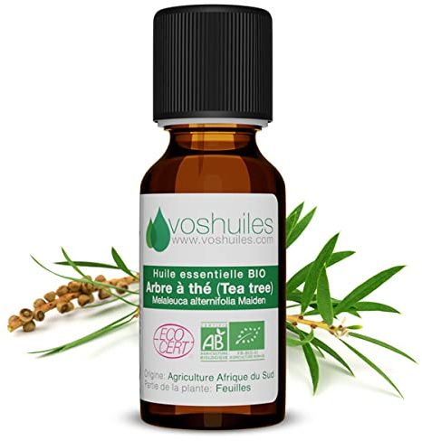 Voshuiles - Huile Essentielle Arbre à Thé Bio 20ml - Parfum Citronné, Boisé - Réputée pour ses Nombreuses Vertus - Huiles Essentielles de Qualité - 100% Pure et Naturelle - HEBBD et Certifiée ECOCERT