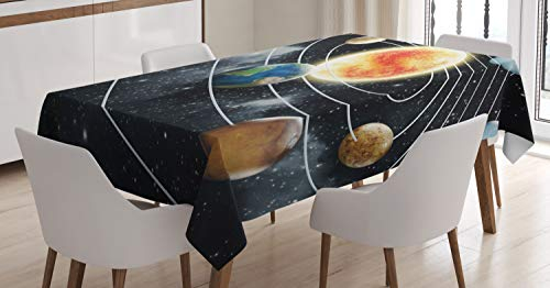 ABAKUHAUS Weltraum Tischdecke, Sonnensystem-Planeten, Personalisierter Druck Klare Farben ohne Verblassen Waschbar für Außen Bereich, 140 x 240 cm, Braun Schwarz