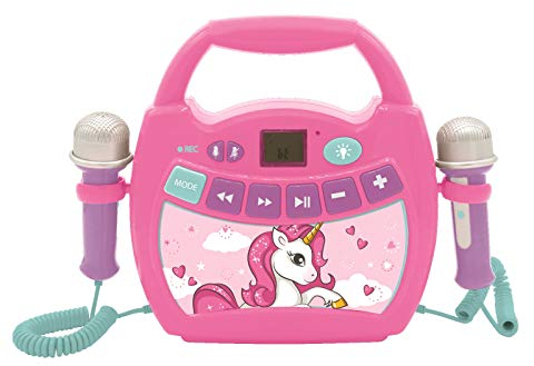 Lexibook Licorne - Mon Premier Lecteur Musical karaoké avec micros, sans Fil, Fonctions Enregistrement et Changement de Voix, pour Enfant, Bleu/Rose, MP300UNIZ