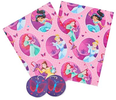 UK Greetings Disney Princess Geschenkpapier für Mädchen, 2 Bögen, Rosa, Pinke Prinzessinnen-Verpackung, Glanzpapier, Geburtstag