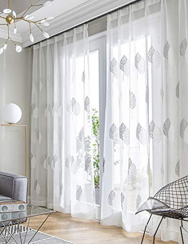 Lactraum Vorhänge Wohnzimmer Transparent Weiß Bestickt Eukalyptus Blätter Voile mit Universalband 300 x 245 cm