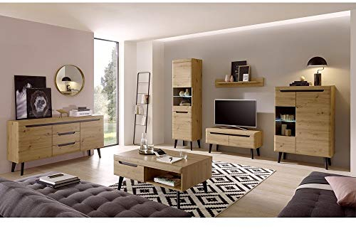 Lomadox Wohnwand Komplett Set mit Sideboard und Couchtisch, Eiche Artisan mit Schwarz, skandinavisches Design, MDF-Fronten, Massivholzfüße, inkl. Beleuchtung
