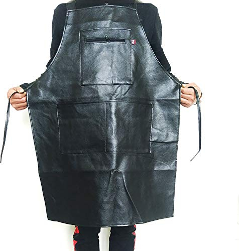Maijia Lederschürze, Kochschürze für Damen und Herren, wasserdicht, Kunstleder, Arbeitsschürzen mit 2 Taschen, für Profi-Koch, Barista, Restaurant, Holzarbeiter, Geschäft, Barkeeper, Schwarz ,